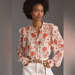 Anthropologie Maeve Long-Sleeve Ruffled Sheer Blouse Peach Floral Size Small